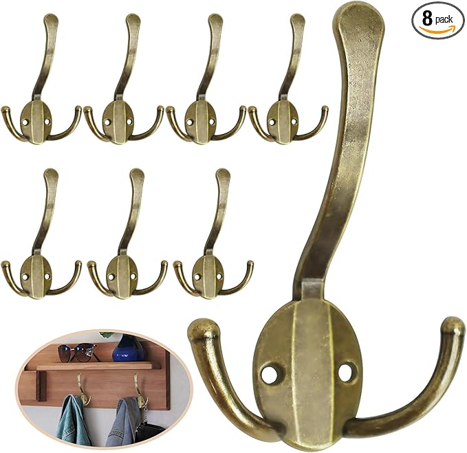 8 Pack Coat Hooks Heavy Duty, Metal Three Prongs Large Coat Hooks Wall Mounted by Homanu