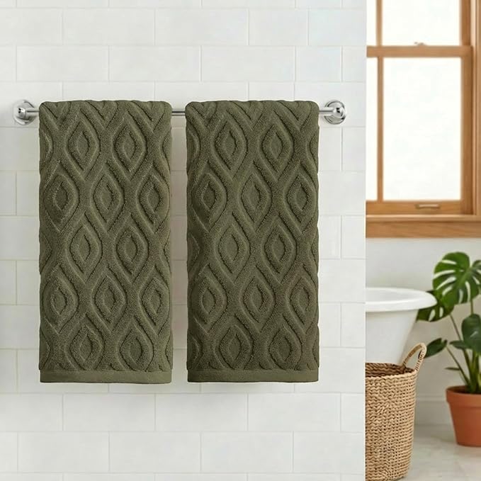 Artoid Mode 2 Pcs Olive Green 3D Diamond Grid Jacquard Hand Towels - Image 2