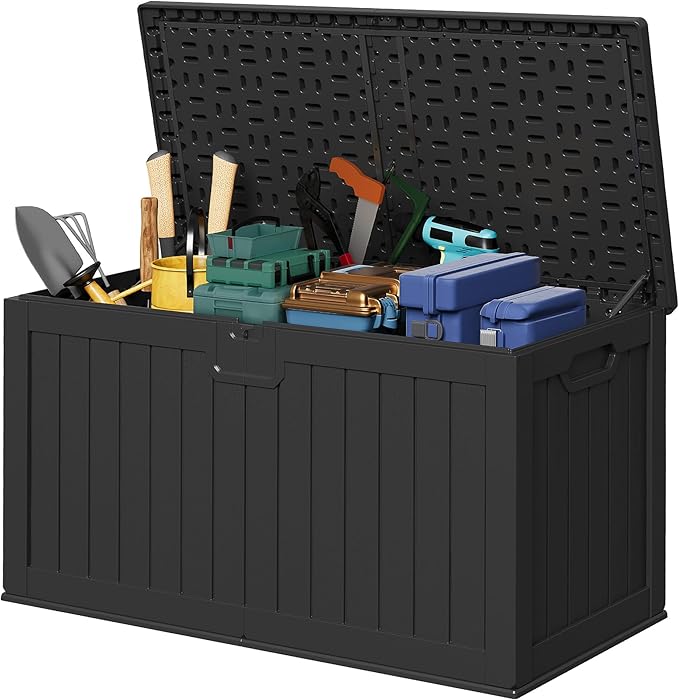 Devoko 240 Gallon Double-Wall Deck Box with Divider, Side Handles, Resin Outdoor Large Storage Box Waterproof and Lockable for Patio Furniture, Garden, Pool (Black) by DEVOKO