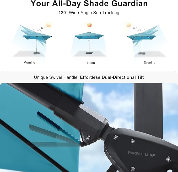 PURPLE LEAF 10 Feet Patio Umbrella with Base Outdoor Solar Powered LED Swivel Square Umbrella Offset Umbrella with 360-degree Rotation for Garden Deck Pool Patio, Turquoise Blue - Image 3