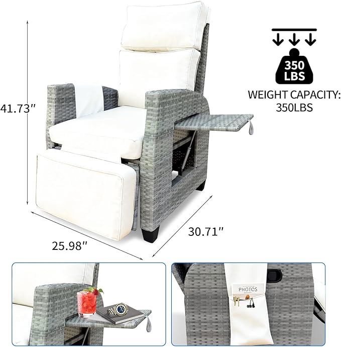 Outdoor Wicker Recliner Chair, 145° Patio Lounge Chair with 4" Cushion, Adjustable Backrest & Footrest, Flip-up Table & Side Pocket for Backyard, Deck, Balcony, Terrace, Poolside - Image 2
