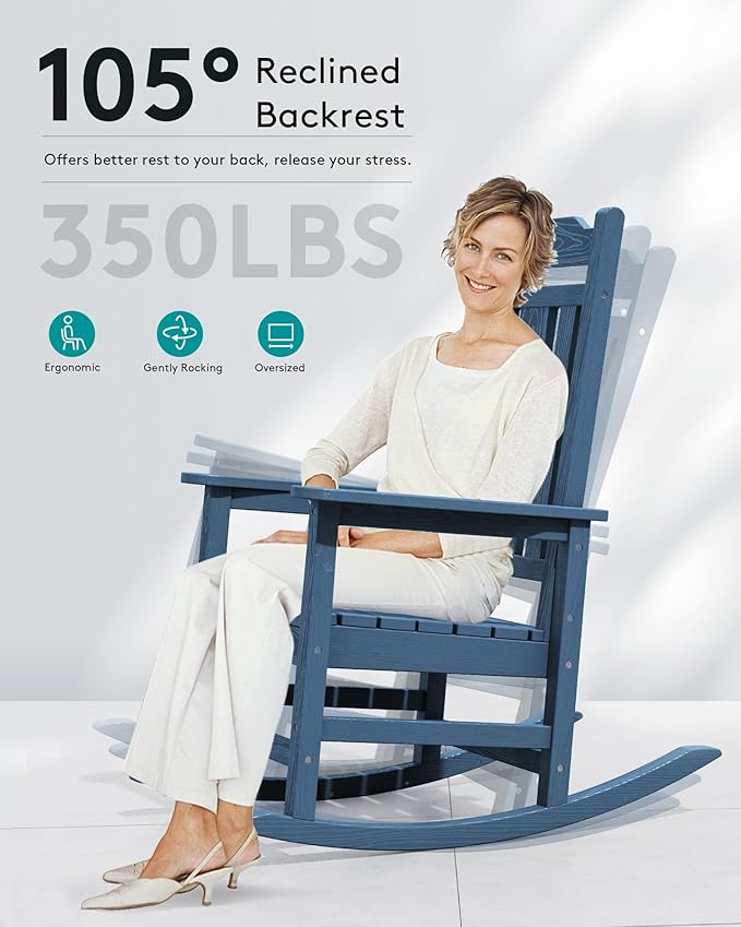 SERWALL Outdoor Rocking Chair Blue Set of 8, All Weather Patio Rocking Chair, HDPE Poly Rocking Chair for Adults, Heavy Duty Front Porch Rocker - Image 3