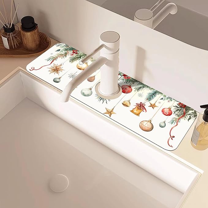 Christmas Star Balls Bells Kitchen Sink Splash Guard Mat Absorbent Fast Drying - Image 2