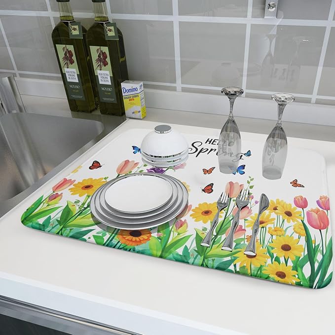 Hello Spring Flowers Green Dish Drying Mat 18 x 24 Inch - Image 6