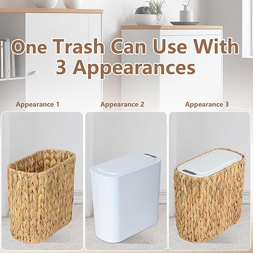 Boho Kitchen Trash Can with Lid, 3.5 Gallon Automatic Small Rattan Trash Can - Image 4
