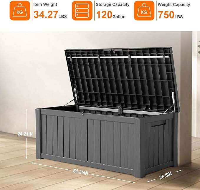 120 Gallon Resin Deck Box, Lockable Patio Outdoor Storage Box for Furniture, Garden Tools and Tools Storage, Waterproof Outside Storage Boxes - Black - Image 4
