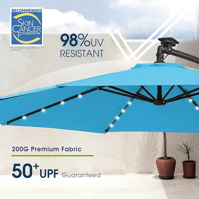 wikiwiki 10ft Solar LED Patio Umbrella with Base Included, Offset Umbrella with Weighted Sandbag Base, Cantilever Patio Umbrellas for Backyard, Garden & Deck, 32 LED Lights & Polyester Shade, Sky Blue - Image 4