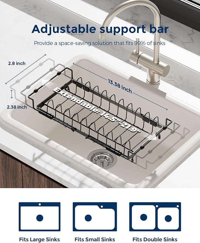 Nacial 2-in-1 Small Dish Drying Rack Fits 14''–21.8'' Sink, Dish Drainers - Image 3