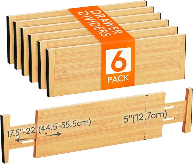 Lifewit 5" High 6 Pack Bamboo Drawer Dividers 45-55cm/17.5-22" Adjustable by Lifewit