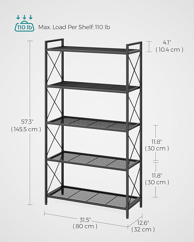SONGMICS 5-Tier Metal Storage Rack, Shelving Unit with X Side Frames, Dense Mesh, 12.6 x 31.5 x 57.3 Inches, for Entryway, Kitchen, Living Room, Bathroom, Industrial Style, Ink Black UBSC185B01 - Image 3