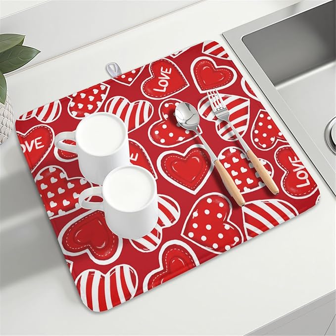 Valentines Day Dish Drying Mat for Kitchen Counter Red Polka Dot Stripe Love - Image 8