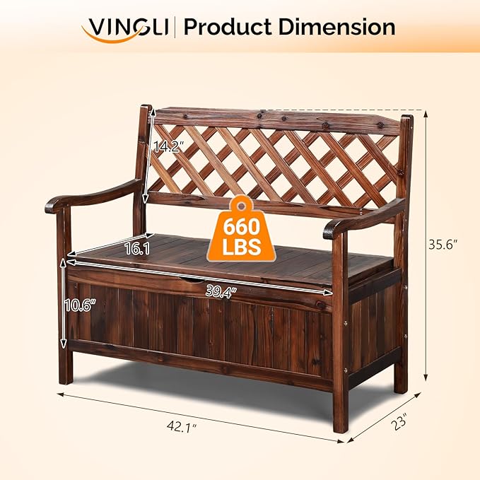 VINGLI Outdoor Storage Bench, Large Wood Deck Box with Seating, Weatherproof Outdoor Bench with Storage Loveseat, 2-Person Wooden Patio Bench for Entryway, Backyard, Garden - Image 3