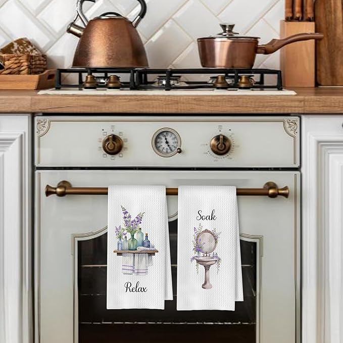 Farmhouse Purple Botanical Bathroom Hand Towels, Relax Breathe Soak Unwind - Image 3