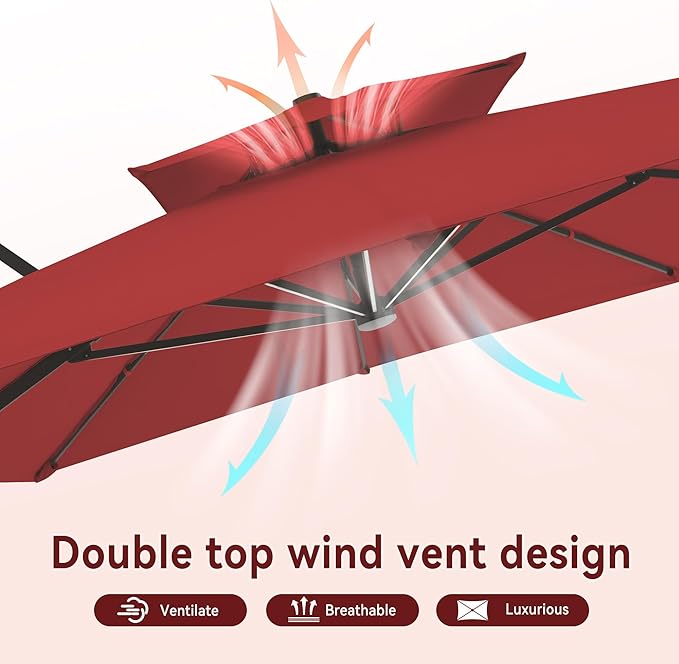 10 X 13 FT Cantilever Outdoor Patio Umbrella with Led Lights Large Heavy Duty 360° Rotation Double Top Offset Rectangular Umbrellas for Backyard Garden Pool Outside Deck, Red - Image 6