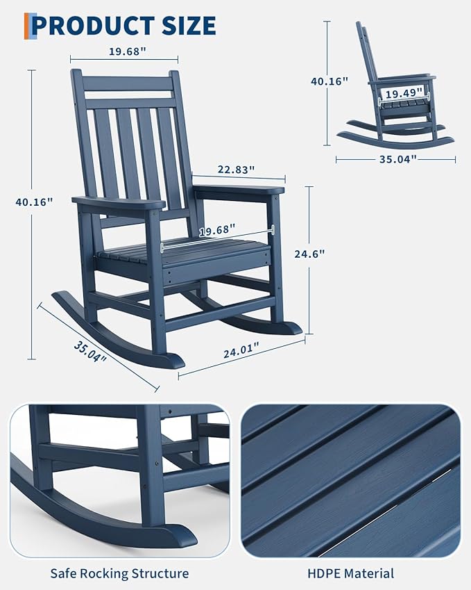 GarveeLife Poly Lumber Rocking Chair Outdoor Set of 6 - HDPE High Back Porch Rocker Chairs for Adults - All Weather Resistant Furniture for Patio - Navy Blue - Image 2