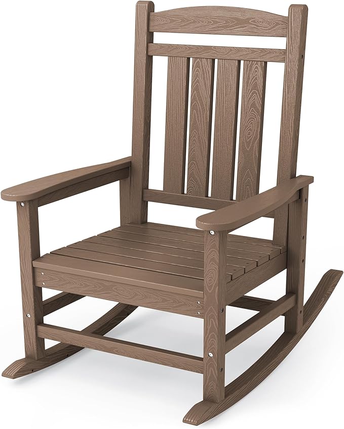 KINGYES HDPE Outdoor Rocking Chair, Widened Seat Patio Rocking Chair, Oversized All Weather Patio Rocker, Brown by KINGYES