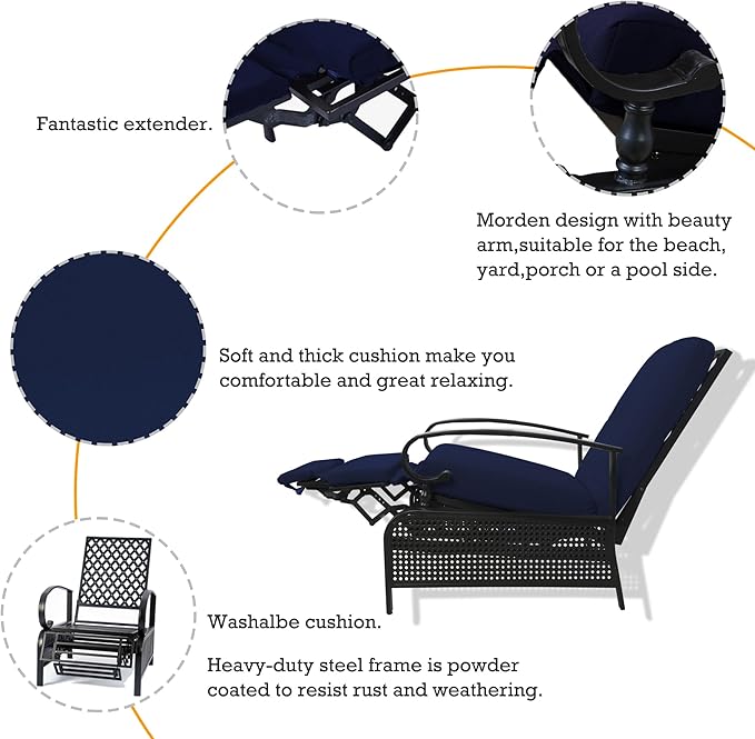 Kozyard Adjustable Outdoor Reclining Lounge Chair, Cushioned Patio Chaise Lounge with Extendable Metal Frame for Sunbathing, Reading & Relaxing – Comfortable Outdoor Recliner(Navy Blue) - Image 5