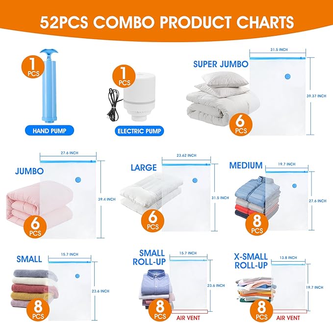 AROIC 50 Pack Vacuum Storage Bags, 5 Sizes + 2 Roll-up Space Saver Vacuum - Image 2