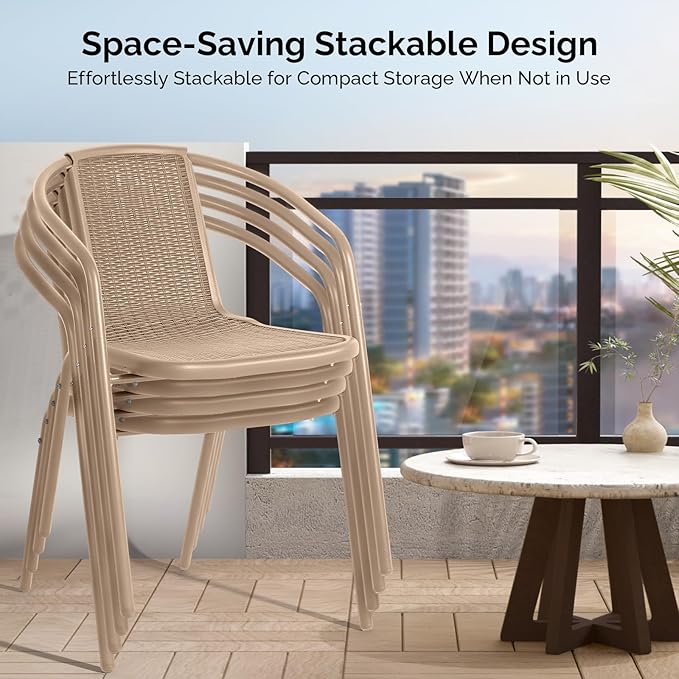VINGLI PE Rattan Outdoor Dining Chairs Set of 2, Plastic Stackable Patio Chairs for Indoor, Porch, Restaurant, Garden,Champagne - Image 4