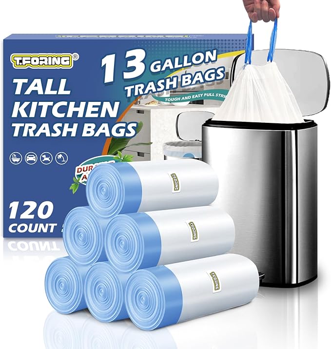 13 Gallon Trash Bags Drawstring 120 Count, 1.7 Mil Thick White Garbage Bags by TFORING%C2%AE