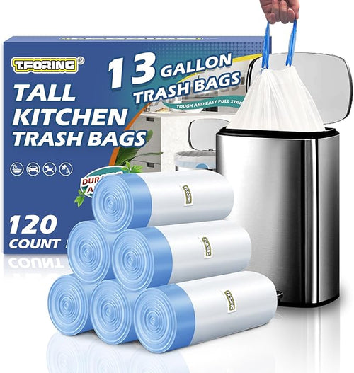 13 Gallon Trash Bags Drawstring 120 Count, 1.7 Mil Thick White Garbage Bags by TFORING%C2%AE