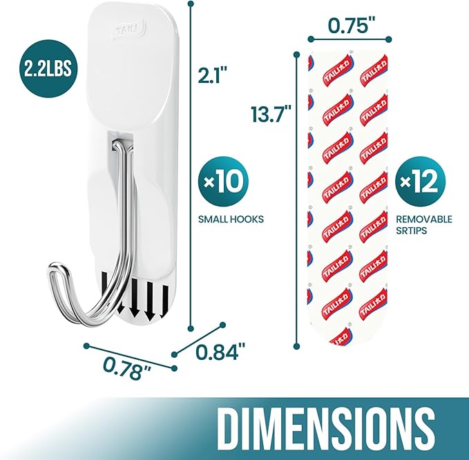 TAILI Hooks for Hanging, 10 Small Sticky Hooks and 12 Adhesive Strips, No - Image 2