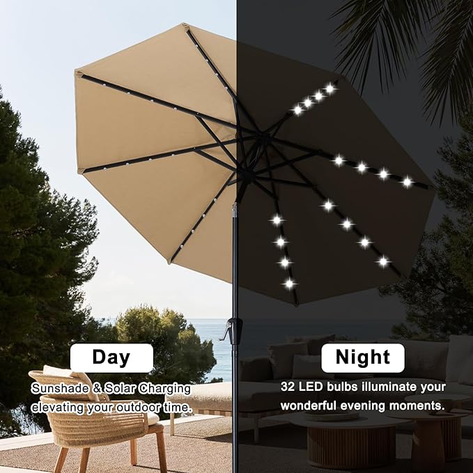 ABCCANOPY Durable Solar Led Patio Umbrellas with 32LED Lights 9FT (khaki) - Image 6