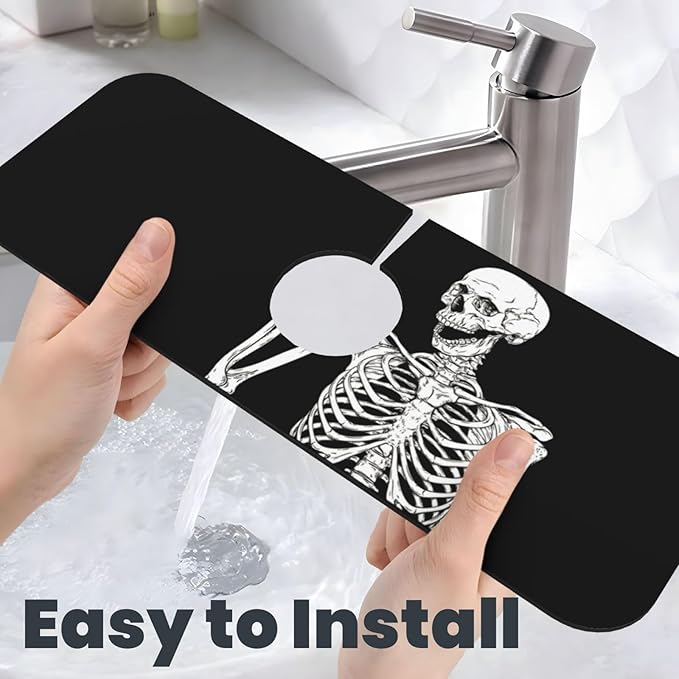 Black Funny Skull Human Skeleton Halloween Kitchen Sink Splash Guard Faucet Mat - Image 6
