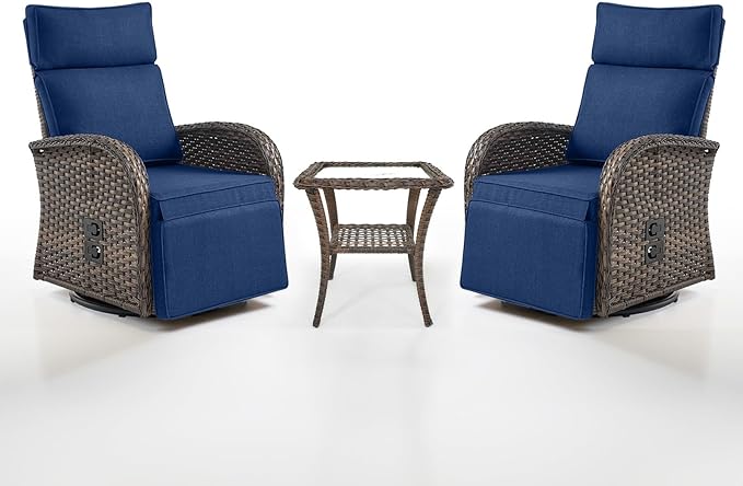 Belord Dual-Adjust Swivel Outdoor Recliner Chair Set of 3 - Reclining Patio Chair with Adjustable Backrest and Footrest, All-Weather Wicker Chaise Lounge Outdoor with Side Table for Pool Deck Brown by Belord