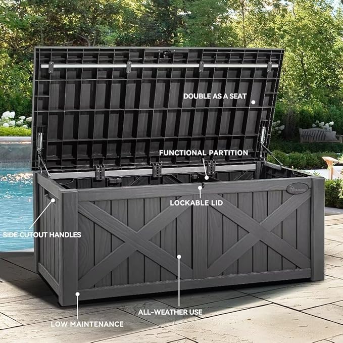 YITAHOME 150 Gallon Large Deck Box with X-Shaped Front, Resin Outdoor Storage Boxes, Waterproof Cushion Storage Bench for Patio, Pool Supplies, Garden Tools - Lockable, Dark Gray - Image 4