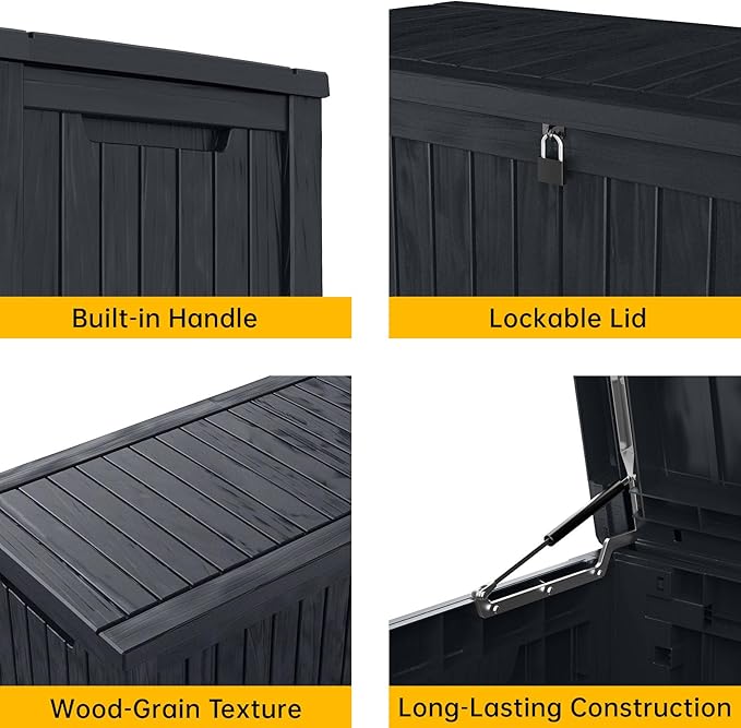 DRATO 200 Gallon Deck Box, Waterproof Resin Large Outdoor Storgae Box for Patio Furniture, Patio Cushions, Gardening Tools, Pool Supplies, Lockable（Black，200 Gallon） - Image 4
