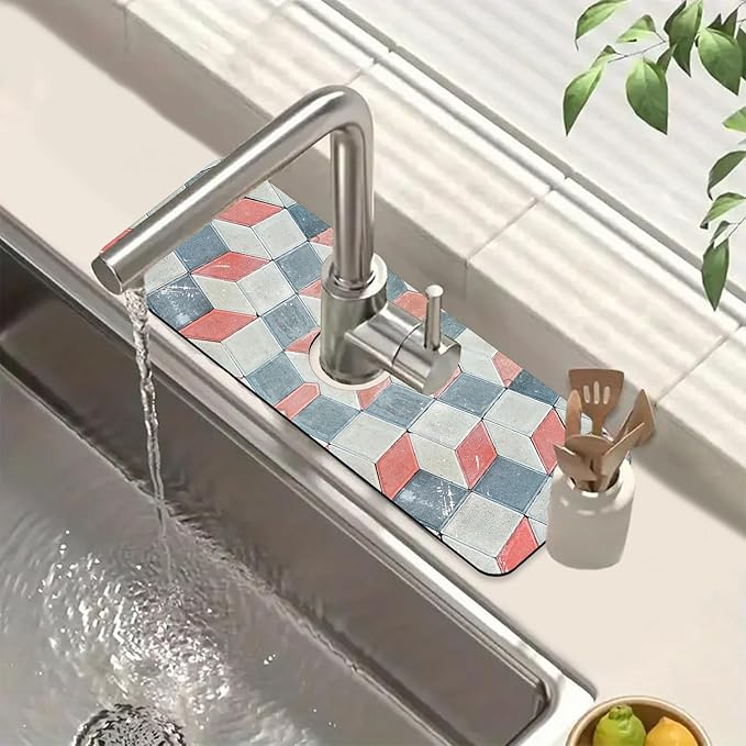 Red Gray Tile Sink Splash Guard Faucet Mat Red White Diamond Super Absorbent by Unknown