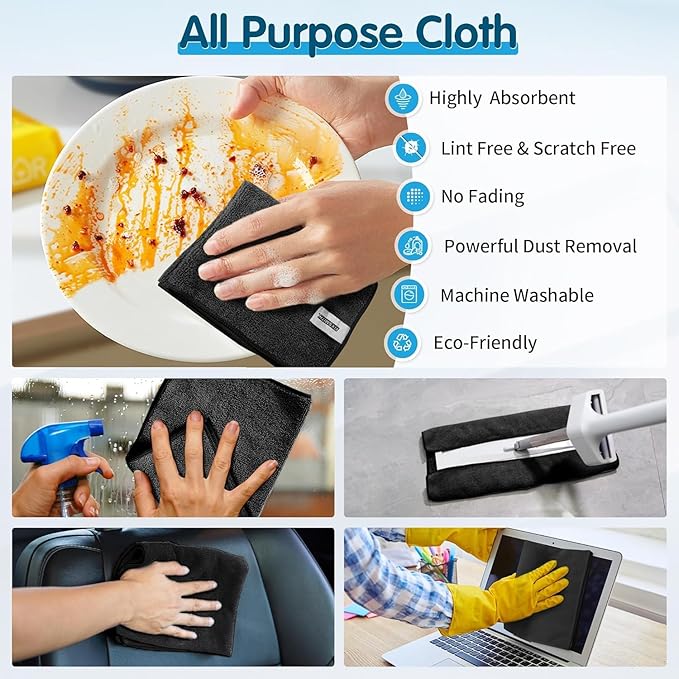 FIXSMITH Black Microfiber Cleaning Cloth -Pack of 12, Highly Absorbent Cleaning - Image 5