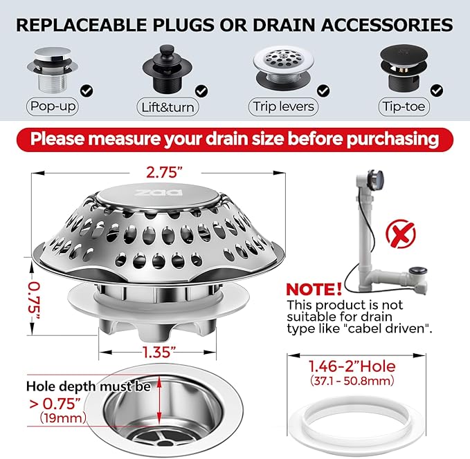 zaa Bathtub Drain Stopper, Upgraded 2in1 Tub Stopper Bathtub Drain Cover and - Image 3