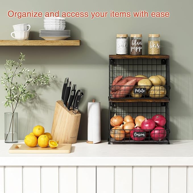 Hanging Wall Fruit Basket for Kitchen Counter 2 Pack, Stackable Wire Baskets - Image 2