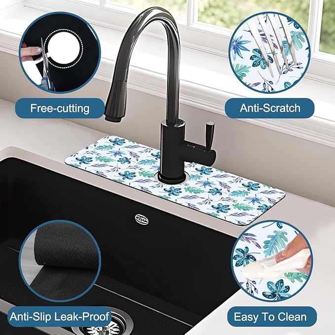 Watercolor Leaves Sink Splash Guard Faucet Mat Tropical Leaves Super Absorbent - Image 4