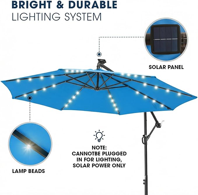 wikiwiki 10ft Solar LED Patio Umbrella with Base Included, Offset Umbrella with Sandbag Base, Cantilever Patio Umbrellas for Backyard, Garden & Deck, 32 LED Lights & Polyester Shade, Royal Blue - Image 3