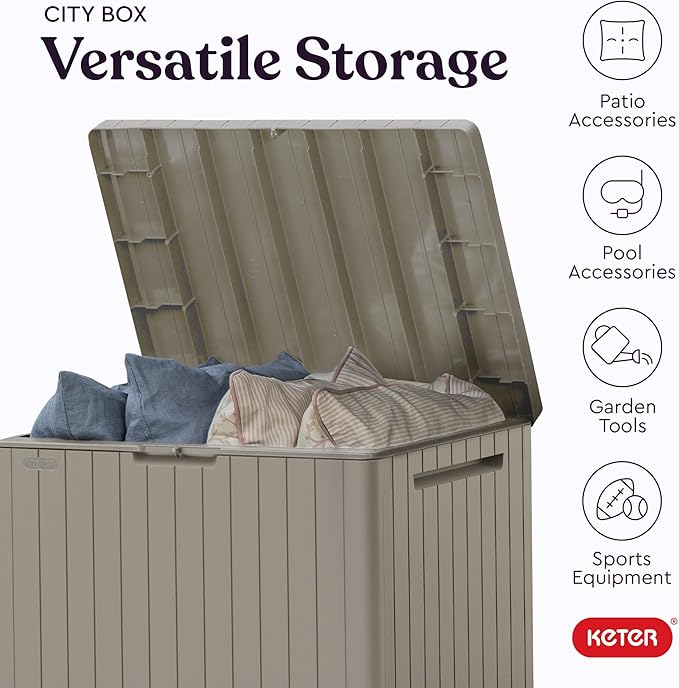 Keter City 30 Gallon Resin Outdoor Storage Box & Patio Side Table for Balcony, Pool, Deck & Garden Accessories, Weather‑Resistant, Beige - Image 5