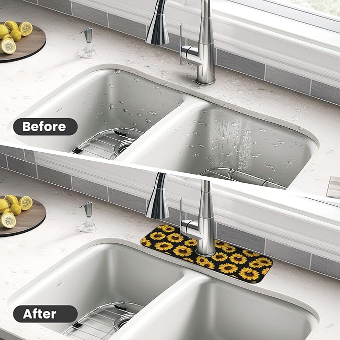 Sunflowers Black Vintage Paingting Kitchen Sink Splash Guard Faucet Mat 1 Pcs - Image 4