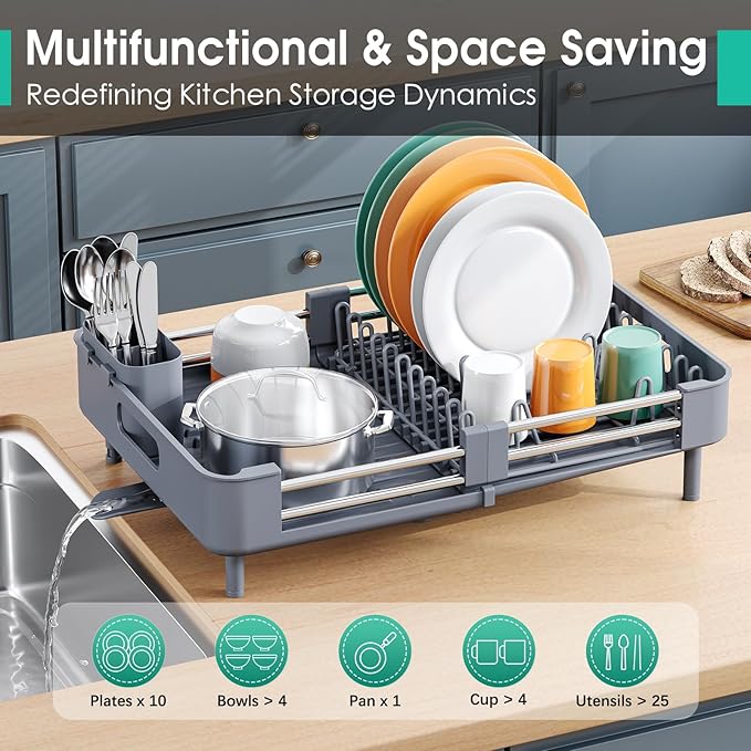 TOOLF Dish Drying Rack with Drainboard, Extendable Dish Rack - Image 3