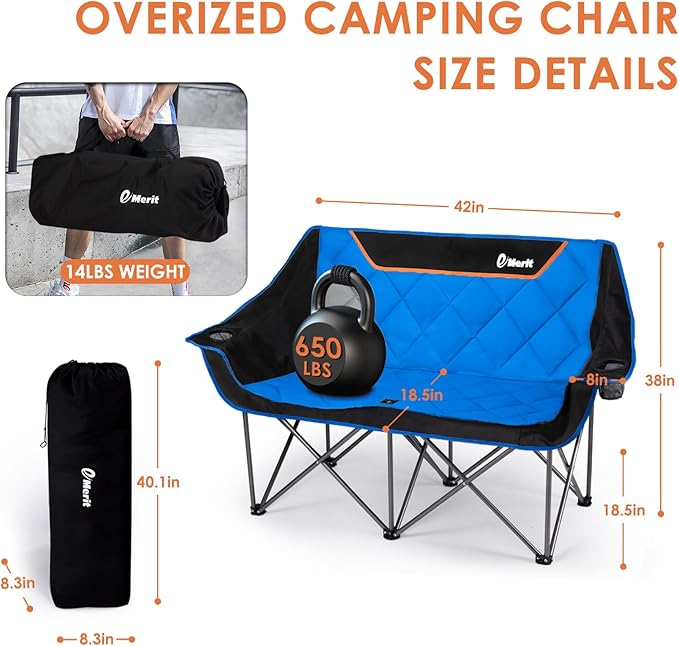 EMERIT Double Camping Chair Oversized Padded for Adults, Heavy Duty Folding Loveseat for Outdoor, Camping, Beach, Lawn, Concert 650LB - Image 2