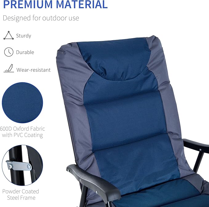 Outsunny Oversized Folding Rocking Camping Chair Set of 2, Padded Outdoor Rockers with High Back and Armrests, Portable Outdoor Patio Chairs with Steel Frame for Garden, Porch, Lawn, Navy Blue - Image 7