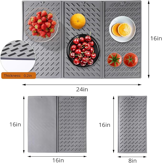 Silicone Dish Drying Mat for Kitchen Counter, 16x24 Collapsible Trifold Large - Image 3
