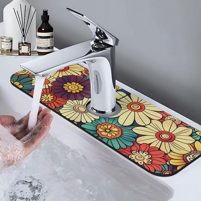 Kitchen Faucet Mat 15 x 5.5 Inch Abstract retro flower Faucet Draining Mat - Image 8