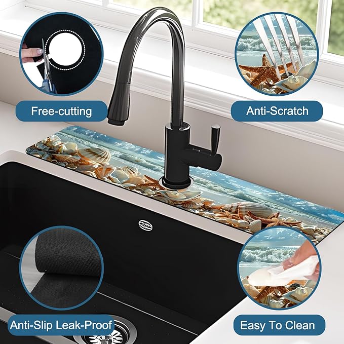 Beach Sink Splash Guard Shells Starfish Waves Faucet Absorbing Mat Fast Drying - Image 4
