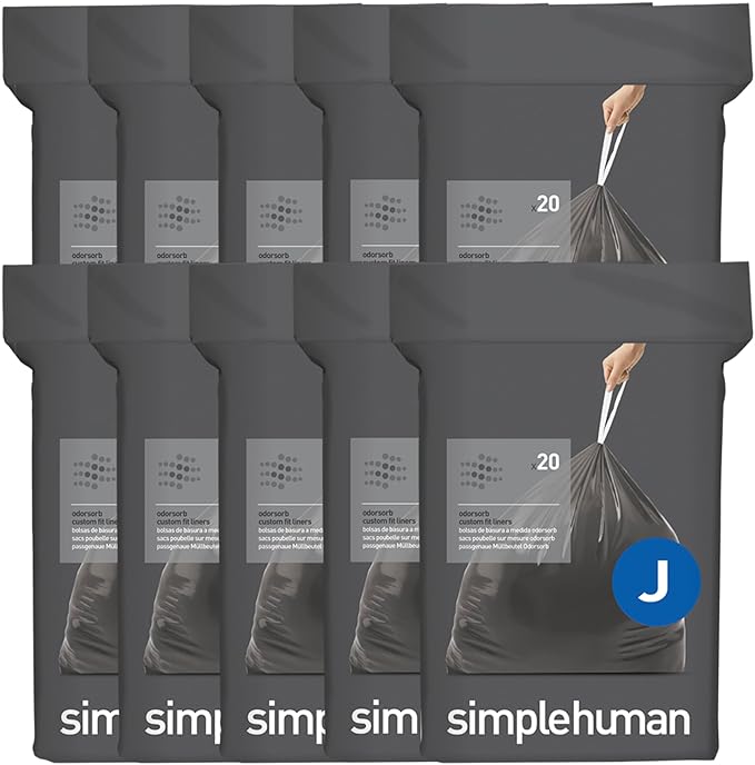 simplehuman Code J 200 Count, Genuine Odorsorb Custom Fit Liners, Drawstring by Simplehuman