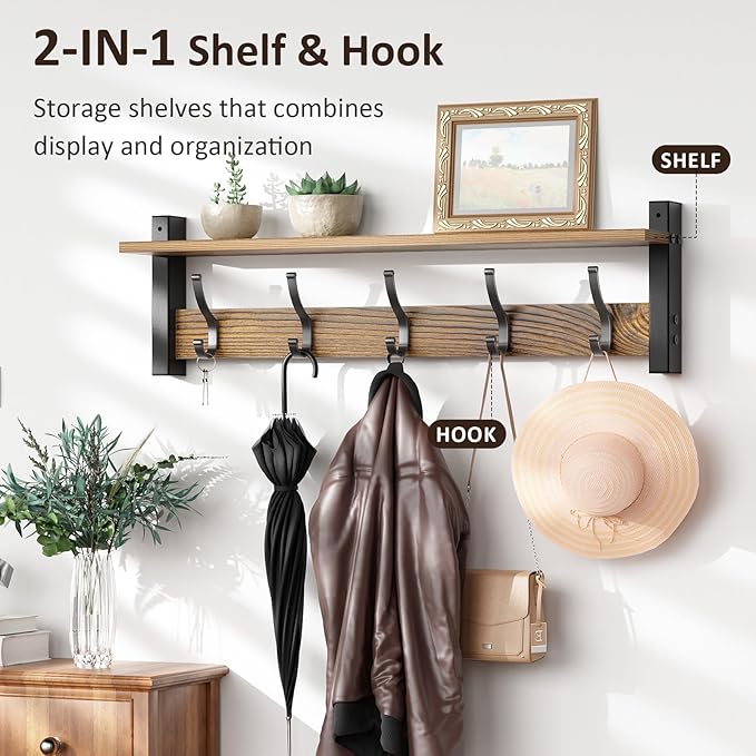 Coat Rack Wall Mount with Shelf, 24 Inch Coat Hanger Walls Mounted, Hat Rack - Image 4