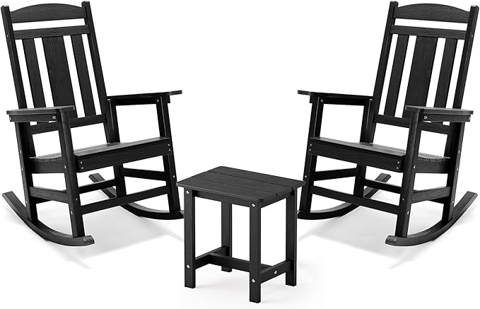 LUE BONA Outdoor Rocking Chairs Set, 3-Piece, HDPS Poly Porch Rockers with Table, Plastic Weather Resistant Rocking Chair Set for Outdoor Indoor, Garden, Backyard, 350lb, Black Chairs+Table by LUEBONA