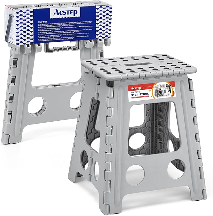 ACSTEP Folding Step Stool 16 Inch Heavy Duty Step Stool Foldable for Adults and Kids, Collapsible Stepping Stool with Handle, Non Slip Folding Stools for Kitchen Hold Up to 400lbs (Grey 1PC) by ACSTEP