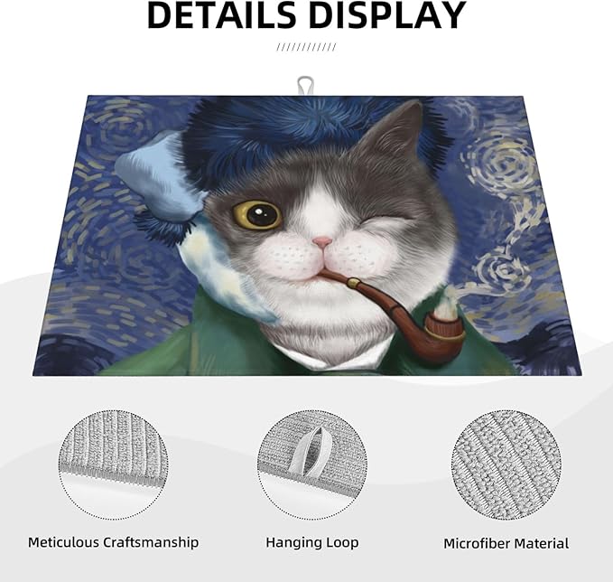 Funny Cat Dish Drying Mat for Kitchen Counter Decor 18x24 Inch Floral Absorbent - Image 4